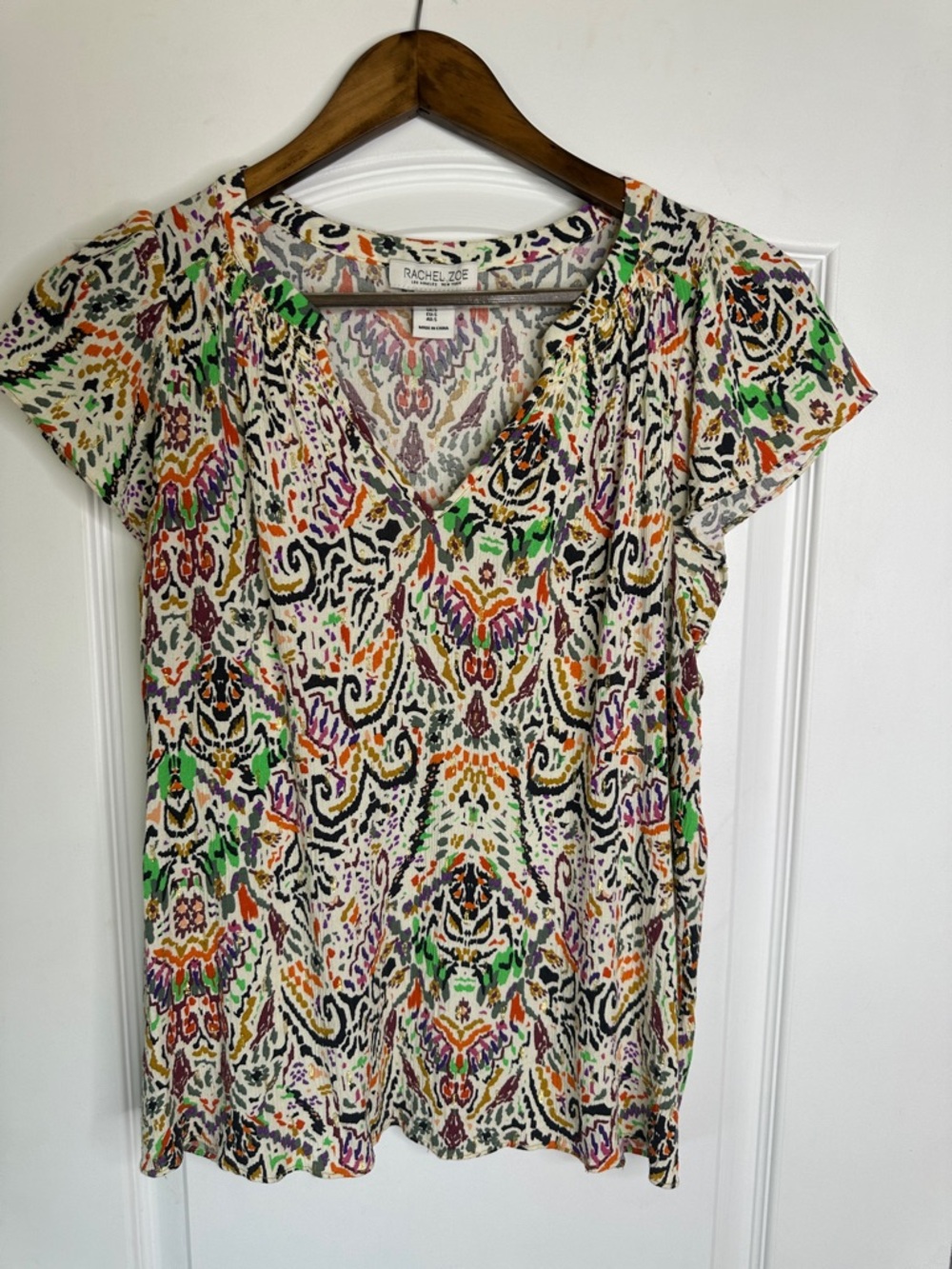 Rachel Zoe Cream Base With Multicolor Floral and Metallic Flutter  Sleeve Top